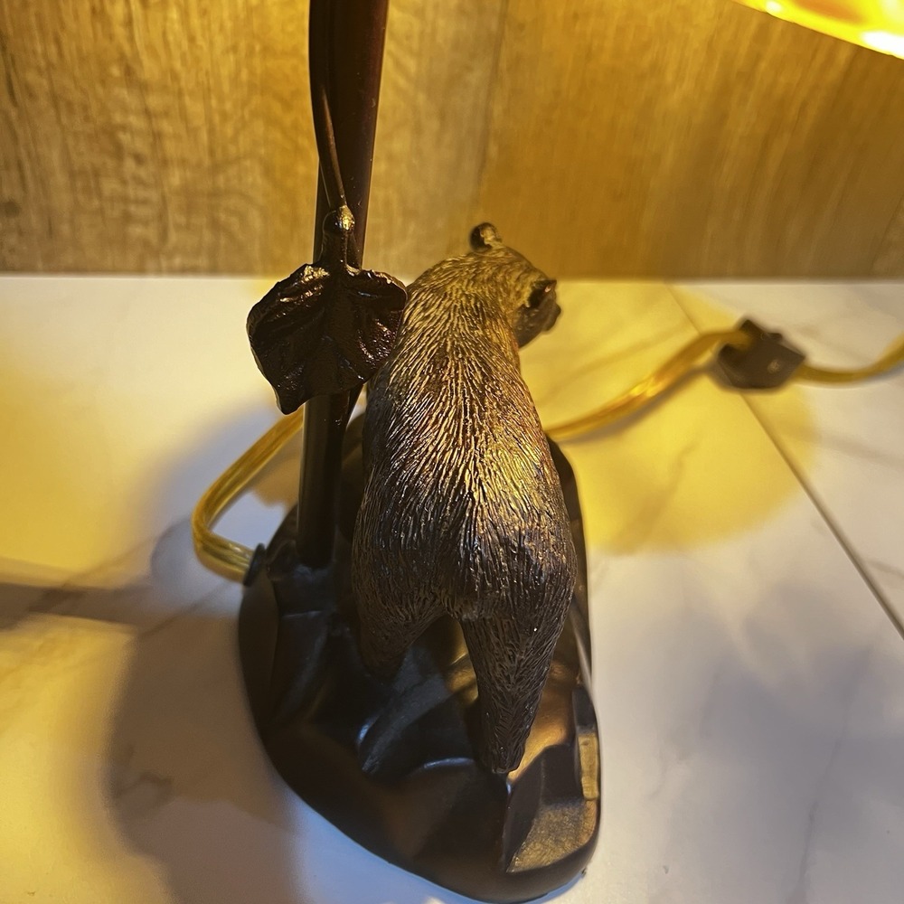 Vtg Art Nouveau/Liberty Metal Bear Lamp Amber Glass Shade MINT Cabin/Lake Decor - Picture 6 of 8